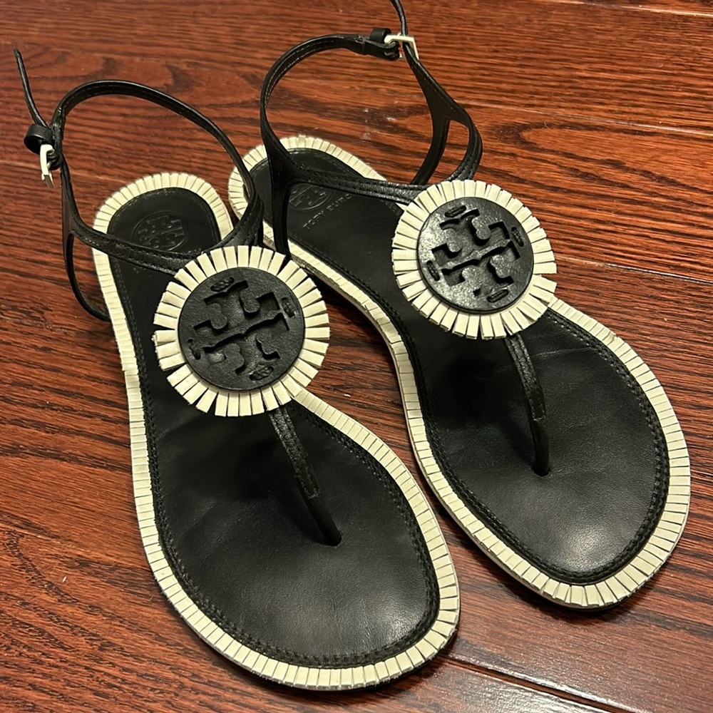 Tory Burch Miller Fringe Flat Leather Sandals - Perfect Navy/Ivory